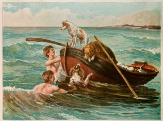 Koirat veneessä, 1900-luku (kuvitus)