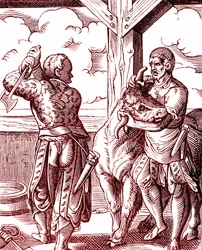 Teurastaja - Ruoka ja ruoanlaitto keskiajalla. Kaiverrus Jost Amman (1539-1591). Kaiverrus 1878