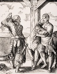 The Butcher and his Assistant, jäljennös Jost Ammanin (1539-91) 1500-luvun kaiverruksesta Paul Lacroixin (1806-84) teoksesta "Le Moyen Age et La Renaissance", julkaistu 1847 (litho)