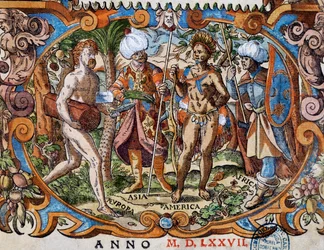 Neljä maanosaa, yksityiskohta otsikkosivulta, kaiverrus Jost Amman (1539-1591)