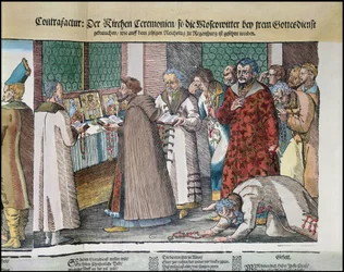 Venäjän Ivan IV:n 1530-84 suurlähetystö Pyhän Rooman keisarille Regensburgissa vuonna 1576 värillinen puupiirros vuosien 173050 ja 88595