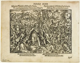 Punaisen meren kulku (recto) ja Jaakobin hautaus (verso) Neuwe Biblische Figurenista, levy 48 puupiirroksia XVI vuosisadan kirjoista