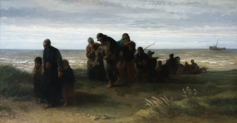 Kalastajat kantavat hukkunutta miestä, noin 1861 (öljy kankaalle).