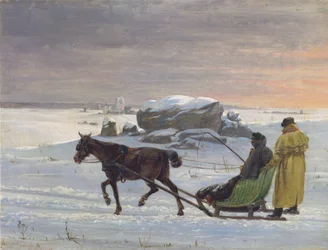 Taidemaalarit Jørgen Roed ja Constantin Hansen lähtevät moottorikelkalla.