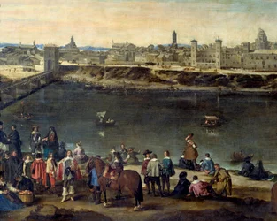 Näkymä Zaragozan kaupunkiin (Zaragoza) vuonna 1646 Yksityiskohta, joka edustaa herroja ja kauppiaita joen varrella. Juan Bautista del Mazon (1612-1667) maalaus 1646 Madrid, Prado-museo