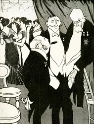 Venäläinen lähettiläs keskustelee Turkin puolustuksesta muiden johtajien kanssa konferenssissa, 1908.