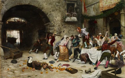 Keskeytetty juhla - Garate y Clavero, Juan Jose (1870-1939) - Öljy kuparille - 49x78 - Museo Carmen Thyssen, Málaga