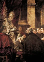 Pyhä Ignatius Loyola vastaanottaa jesuiittajärjestön bullan paavi Paavali III:lta