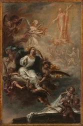 Opinnäytetyö "Neitsyt Marian taivaaseenastuminen" San Augustínin kirkkoon, Sevilla, noin 1670-72 (öljy puulle).