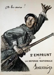 Ensimmäinen maailmansota (1914-1918): Abel Faivren (1867-1945) juliste kansallista lainaa varten. Sotilas kehottaa yleisöä tilaamaan sen "Me saamme heidät!" - 2nd Loan de la Defense Nationale - Tilaa