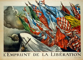 Ensimmäinen maailmansota: "The Borrowing of Liberation", William II (1859 - 1941) kumarsi liittoutuneiden lippujen alla. Kuvitus: Abel Faivre (1867-1945)