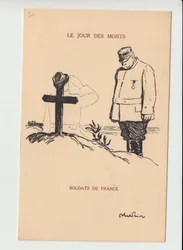Postikortti, Satirique en N & B, ca. 1915: Kuolleiden päivä - Sota 14-18, Mourning Obseques Funerailles - Joffre, Soldiers Kuvitus: Abel Faivre (1867-1945)