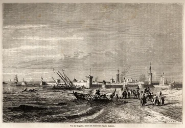 Näkymä Essaouirasta (entinen Mogador), Jules Noelin (1810-1881) piirustus havainnollistamaan Mr.F. Schicklerin matka Marokkoon vuonna 1860. Kaiverrus "" Le tour du monde, nouveau journal des voyages" Paris