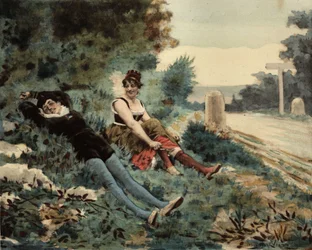 Pariisilainen ja pikardialainen istuvat nurmikolla. Pantagruel. Kuvitus: Jules Garnier. Teoksessa "Rabelais et l
