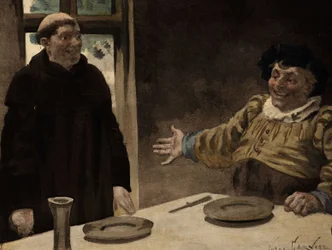 Gargantua kutsuu Seuillen luostarin munkki Frere Jeanin aterialle. Gargantua. Jules Garnierin kuvitus. Teoksessa "Rabelais et l