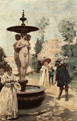 Thelemen luostarin suihkulähde, kolme armoa. Gargantua. Jules Garnierin kuvitus. Teoksessa "Rabelais et l