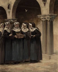 Coingnaufondin luostarin nunnat avaavat paavi Ian (Johannes) XXII:n lahjoittaman laatikon. Pantagruel. Jules Garnierin kuvitus. Teoksessa "Rabelais et l