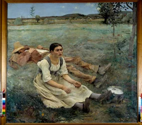 Heinä. Nainen istuu sadonkorjuuaikaan ruohikossa nukkuvan miehen vieressä. Jules Bastien-Lepage (1848-1884), 1877. Mitat: 1,80 x 1,95 m