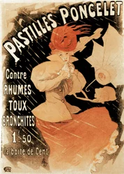 Mainosjuliste Pastilles Ponceletille, flunssan ja keuhkoputkentulehduksen lääkkeelle, 1896.