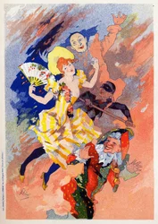 Taide. Viihde. Miimi-esitys. Allegoria Jules Cheret, Ranska, n. 1890 (juliste)