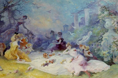 Aamiainen nurmikolla Maaseutupiknikin kohtaus. Jules Cheretin (1836-1932) maalaus 1900-luvulta Nizza, Musee Cheret