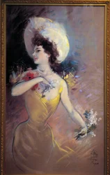 Fagette Nuori nainen hattu ja kukkakimppu. Jules Cheretin (1836-1932) maalaus 1900. Nice, Musee Cheret