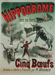 Juliste, joka mainostaa "Cinq Boeufien" esitystä Hippodromessa (värilitho)