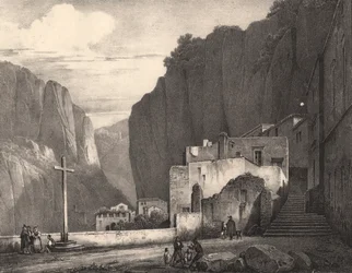 Näkymä Amalfi, Campania, Italia, litografia Jules Coignet (1798-1860) piirustuksen mukaan, 258x245 cm