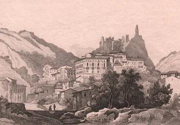 Näkymä Nicastrosta, Calabria, Italia, Dunaimen teräskaiverrus Jules Coignet (1798-1860) piirtämänä, n. 13x10 cm