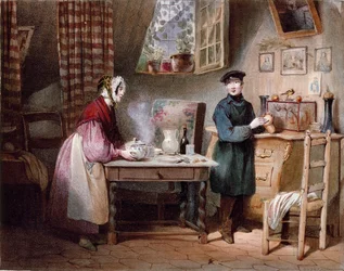 Talous. Nuori pari talossa: nainen laittaa siemauksen pöydälle ja mies laittaa kolikon säästöpossuun. Jules Davidin värikaiverrus (1800-luku) Paris, Musee Carnavalet