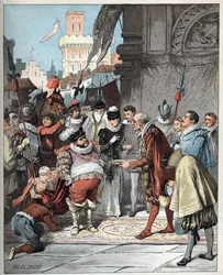Sancho Panza nimitetään Barataria-saaren kuvernööriksi - Sancho Panzasta tehdään Barataria-saaren elinikäinen kuvernööri - Jules Davidin (1808-1892) kuvitus teoksesta Histoire de Don Quixote (Don Quijote) - 1887 - Miguel de Cervantes Saavedra (1547-1616)