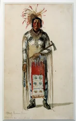 Amerikan intiaani: Pawnee Ponca -heimon intiaanipäällikön jalanjälki Jules Emile (Jules-Emile) Saintin (1829-1894) Litografia 1858 La Rochelle, Musee du Nouveau Monde