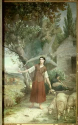 Jeanne d’Arc (1412-1431) paimentaa 13-vuotiaana isänsä lampaita Domrémyssä, kotikaupungissaan Lorrainessa. Jules Lenepveun (1819-1898) maalaus, 1800-luku, Pariisi, Panthéon