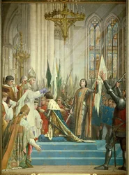 Kuningas Kaarle VII (1403-1461) vastaanotti kruunun Reimsin katedraalissa 17/07/1429 Jeanne d