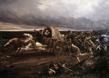 Cholet Insurrectionin deroute aseistettu Vendeessä maaliskuussa 1793, konventti ja republikaaniarmeijat nuhtelivat lokakuussa, "valkoiset" vetäytyivät kohti Loiria. Jules Girardetin maalaus (1856-1938)