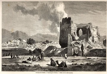 Teheranin (nykyinen Iran) esikaupunkialueet. Jules Laurensin (1825-1901) piirustus kuvaamaan Arthur Gobineaun matkaa Persiaan vuosina 1855-1858. Kaiverrus kirjaan "" Le tour du monde, nouveau journal des voyages" Paris