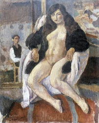 Muotokuva taidemaalari Pierre Dubreuilista ja hänen mallistaan, jonka on tehnyt amerikkalainen taidemaalari Jules Pascin (1885-1930).