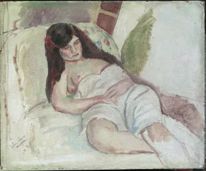 Nainen makaa (ja teksti Vive Elvire). (öljy puulle, 1900-luku)