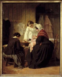 Kolme naista ompelee. Jules Trayerin maalaus (1824 - 1909)