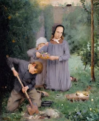 Lapset hautaamassa lintua, 1878.