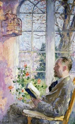 "Verannalla" Mies lukee kirjaa, häkki, josta roikkuu lintu. Julius Gari Melchersin (1860-1932) maalaus.