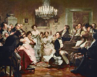 Franz Schubert (1797-1828) pianon ääressä Schubert-illan aikana wieniläisessä salongissa - kaiverrus Julius Schmidin (1854-1935) mukaan