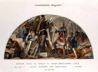 Rudiger antaa kilvensä Hagenille, kuvitus Richard Wagnerin (1813-83) "Niebelungen" -teokseen.