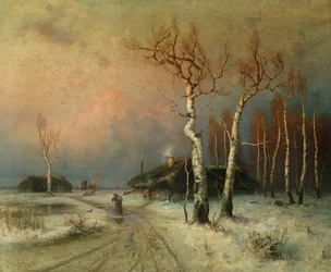 Kylä metsäisessä talvimaisemassa (öljy)