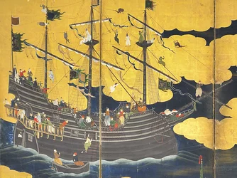 Yksityiskohta Southern Barbarians Come to Trade, pari kuusipaneelista näyttöä, 1600-luvun alku