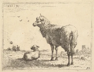 Kypsä lammas seisoo ja katsoo vasemmalle kolme neljäsosaa, sen vieressä makaa lammas..., n. 1655.