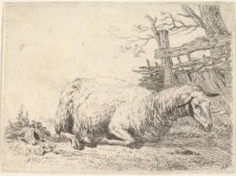 Lammas makaa jalat ristissä vartalon alla puuaidan vieressä, she..., n. 1655.