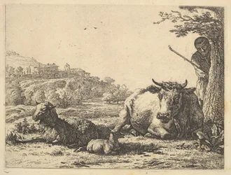 Lehmä, aikuiset lampaat ja nuoret lampaat makaavat nurmikolla, takana paimen seisoo osittain..., 1656.