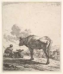 Paimen lehmän ja vasikan kanssa rinteessä, paimen takaa katsottuna ja istuu ..., 1658.