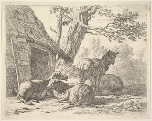 Neljä lammasta, yksi lammas seisoo kolmen muun joukossa maassa makaamassa aitan vieressä, jossa on..., 1658.